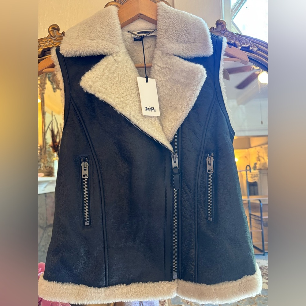 NWT Coach Black Leather Vest with Fully lined Shearling
